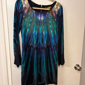 Nicole Miller Black Shift Dress with Blue and Teal Abstract Watercolor Accents